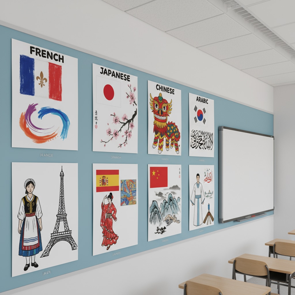Classroom display of cultural elements associated with language learning, highlighting its role as a cultural window.