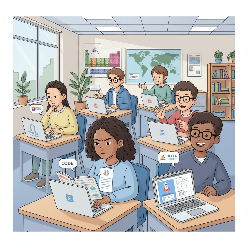 Students accessing free online learning platforms in a classroom