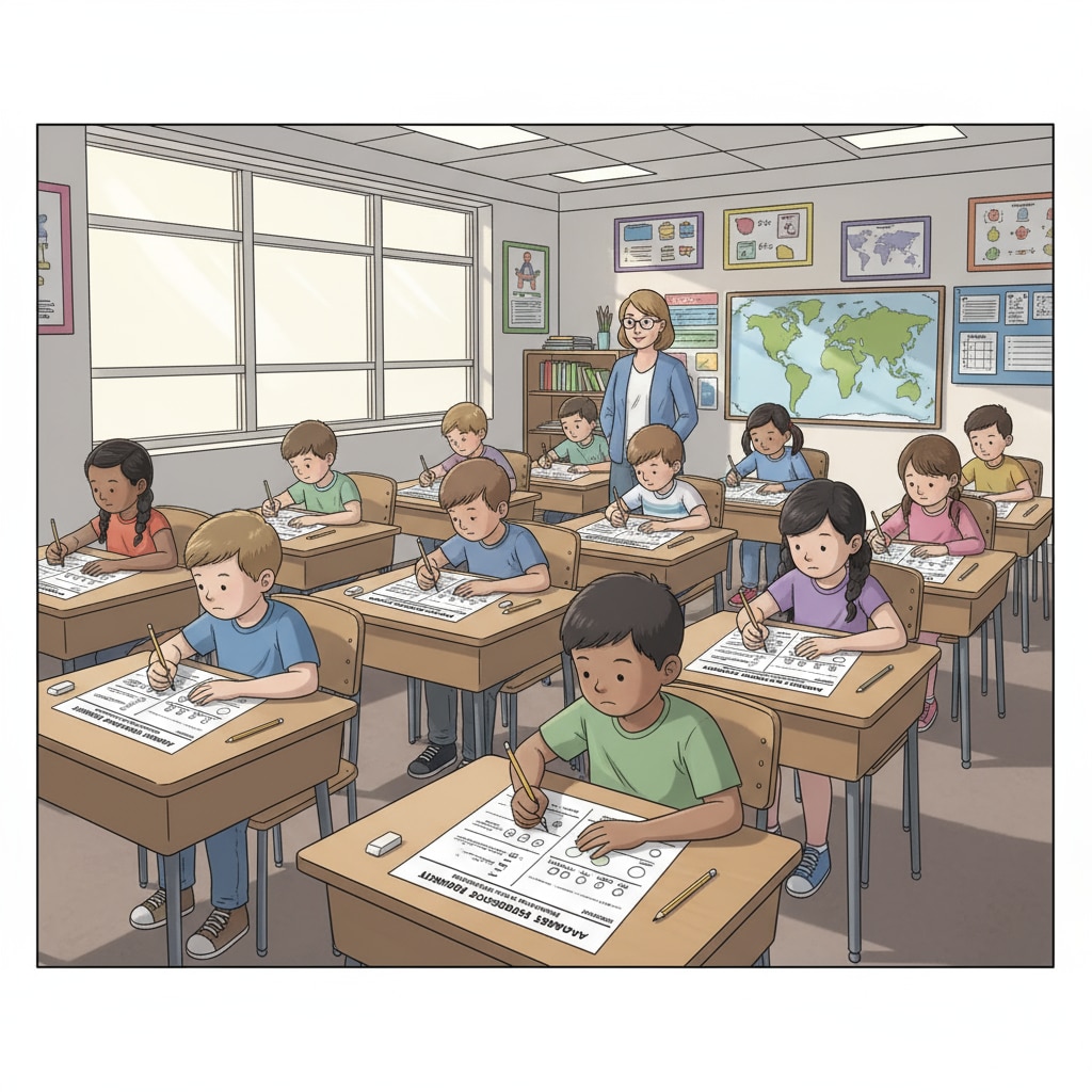 A classroom filled with students concentrating on a standardized test, pencils in hand, and test papers on their desks. Students taking a standardized test to evaluate memory and critical thinking