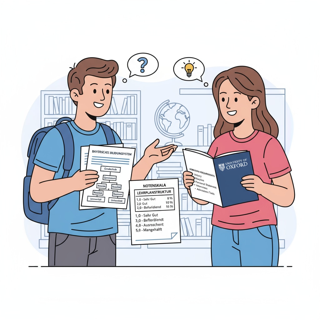 Two students discussing university applications with materials related to Bavarian education system and Oxford University