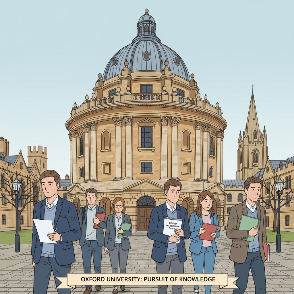 Oxford University building with students carrying application forms
