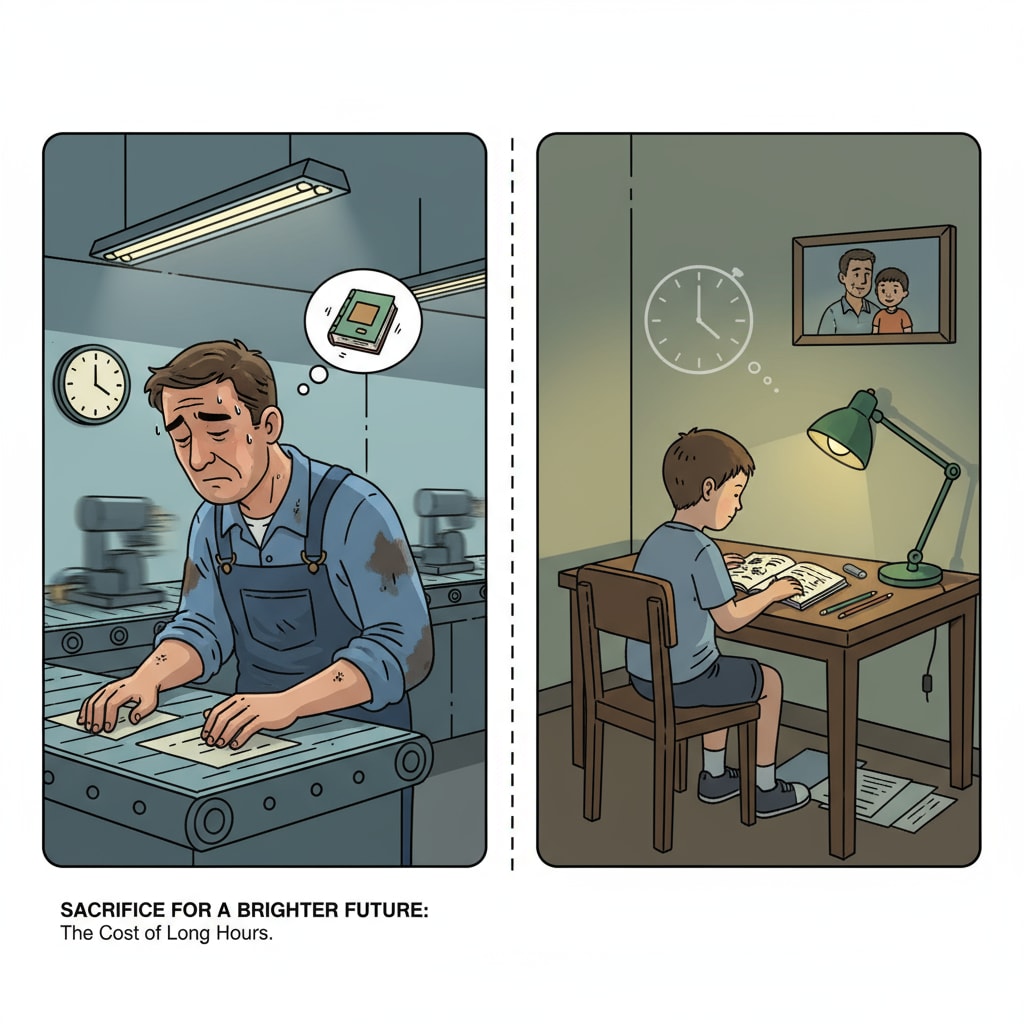 Low-income parent working long hours and child studying alone