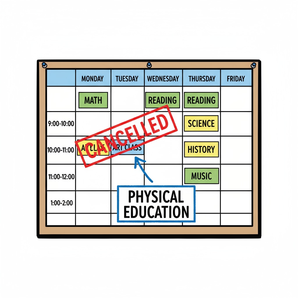 Classroom schedule showing art class substitution with PE class due to teacher absence