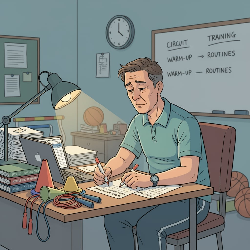 Tired PE teacher preparing for an extra class caused by curriculum substitution