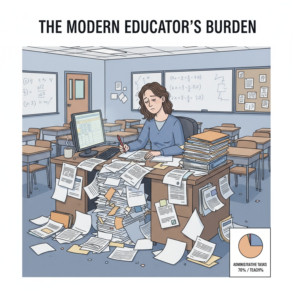 A stressed teacher under the pressure of micro - management, teaching autonomy issues, and heavy workload