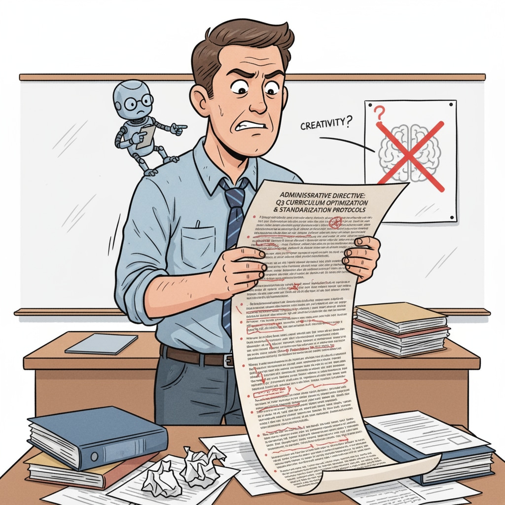 A frustrated teacher due to micro - management affecting teaching autonomy and adding to the workload