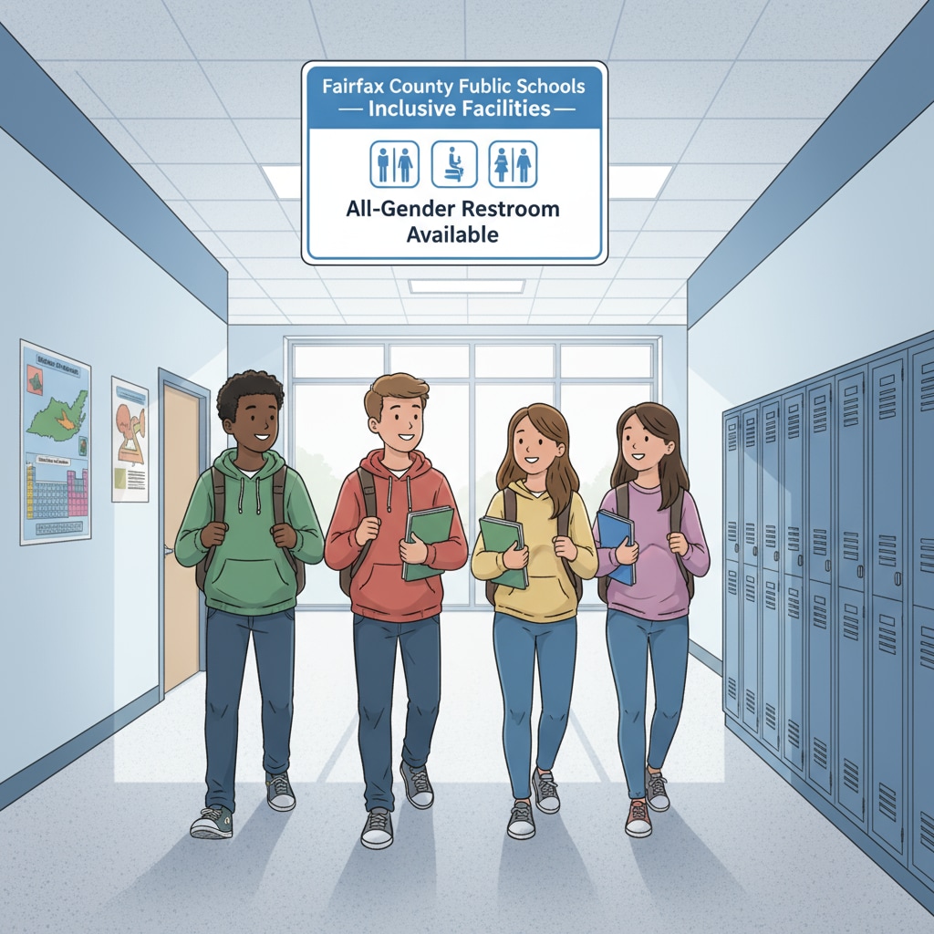 Students in Fairfax County school hallway with inclusive facilities sign, related to education department's gender policy review