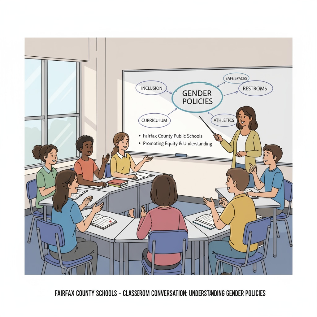 Classroom discussion about gender policies in Fairfax County school, related to education department's review