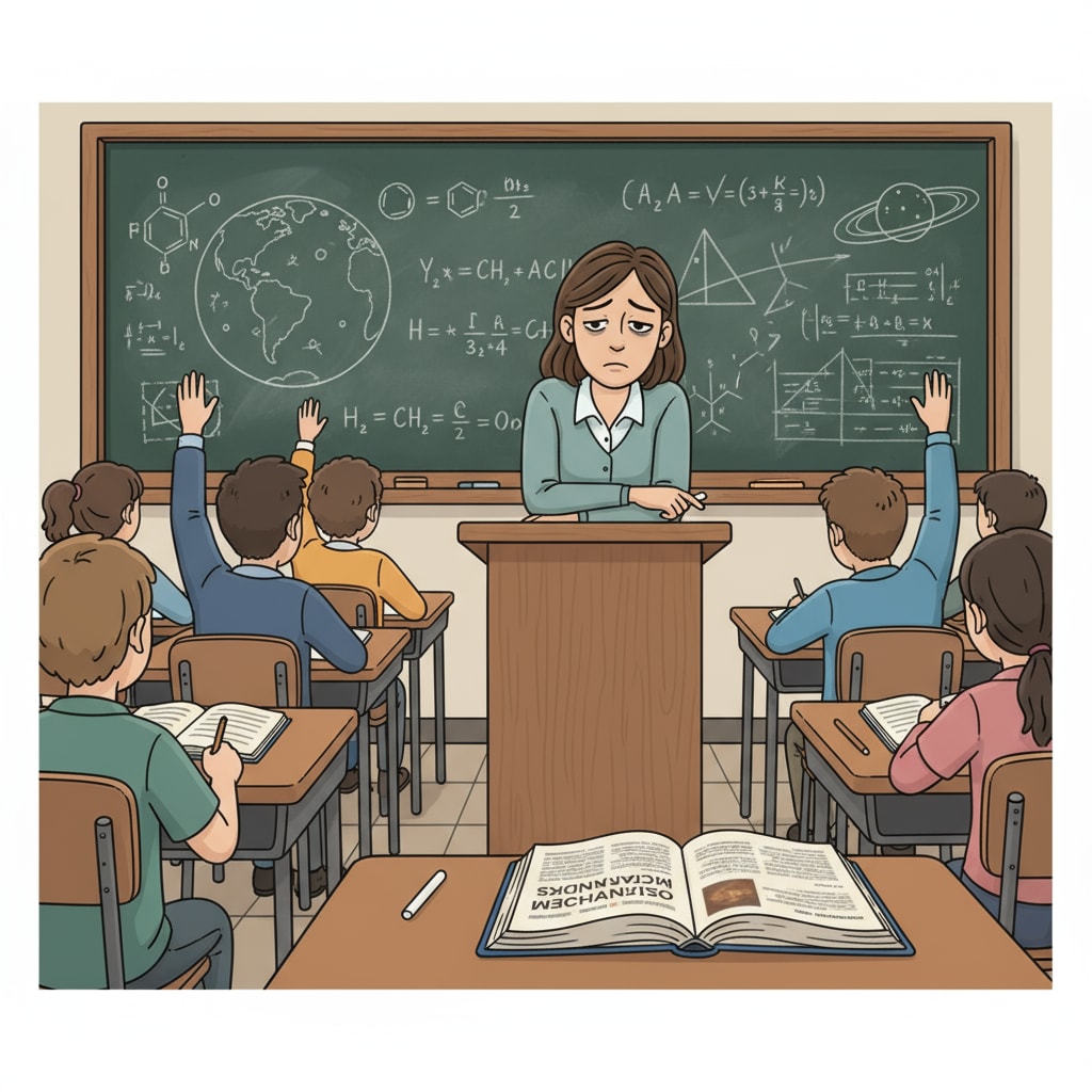 A tired K12 teacher in front of a blackboard due to heavy work burden and curriculum arrangement.