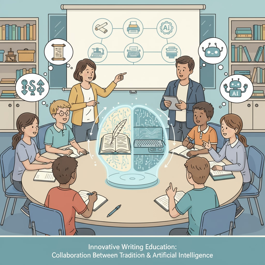 Students and teachers discussing writing with an AI device in the classroom related to AI writing, teaching transformation, and writing skills