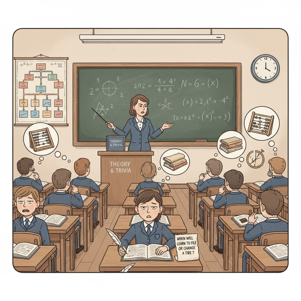 Classroom scene lacking practical life skills education