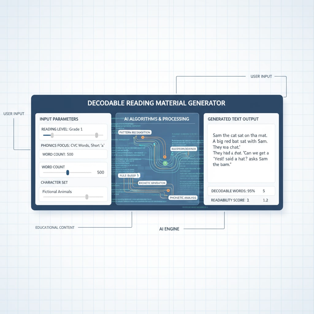 Close-up of an AI interface generating decodable reading materials for educational use