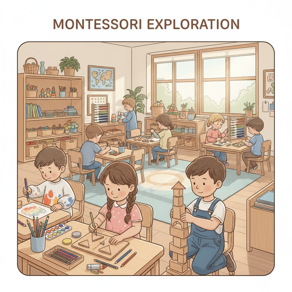 Gifted preschoolers exploring in a Montessori classroom during school transition