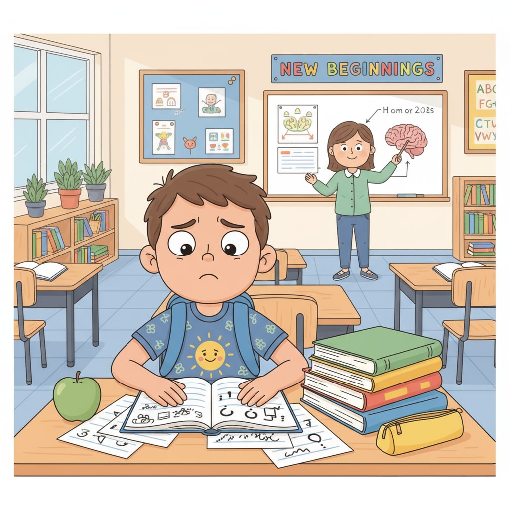 Gifted preschooler with 2e traits showing confusion during school transition in a public school classroom