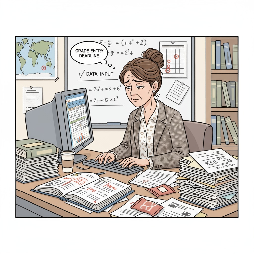 A stressed teacher entering data into a computer due to micromanagement pressure