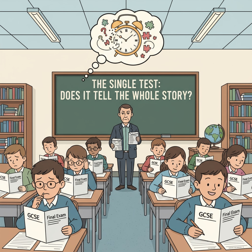 Students taking a standardized test in a UK classroom related to student assessment methods