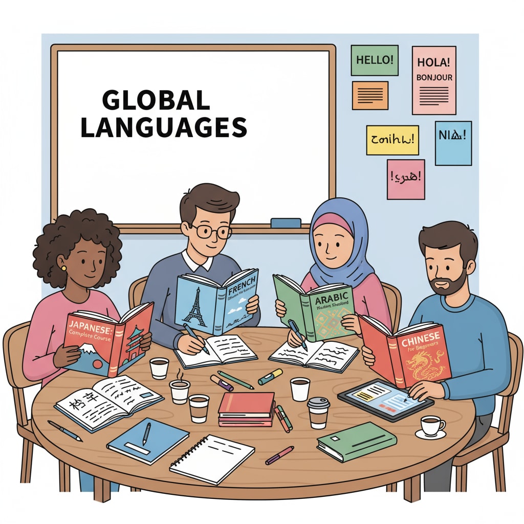 People engaged in multilingual learning with various language materials