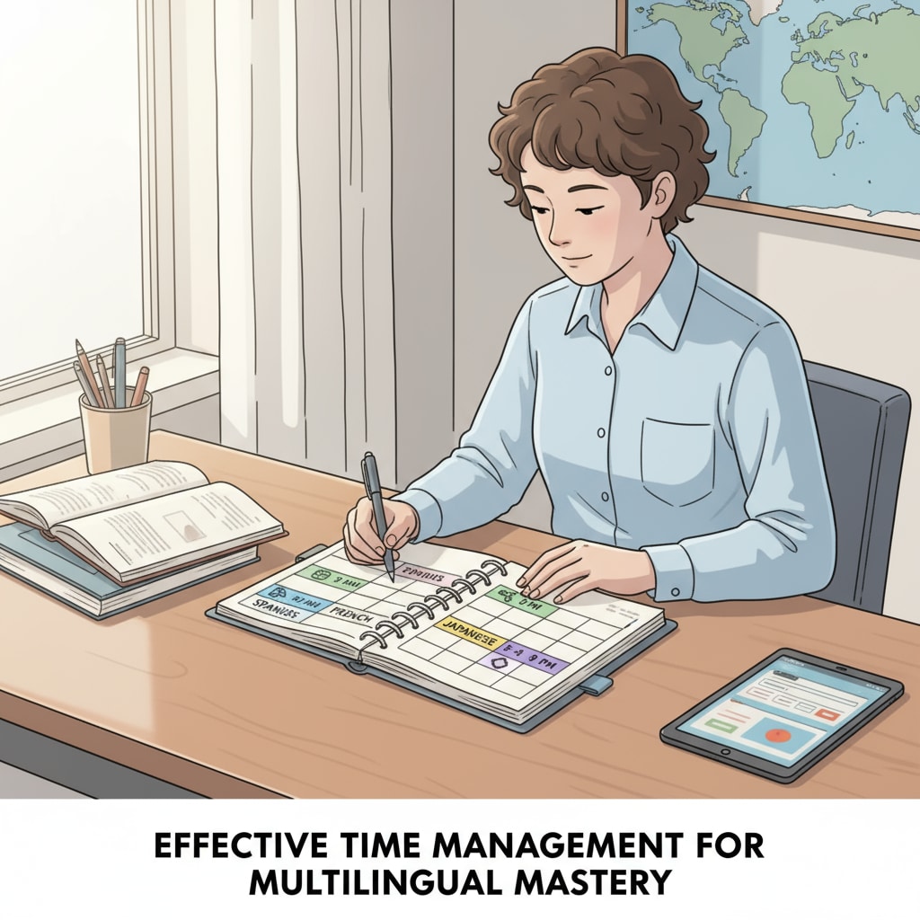 Person using a planner for multilingual learning time management