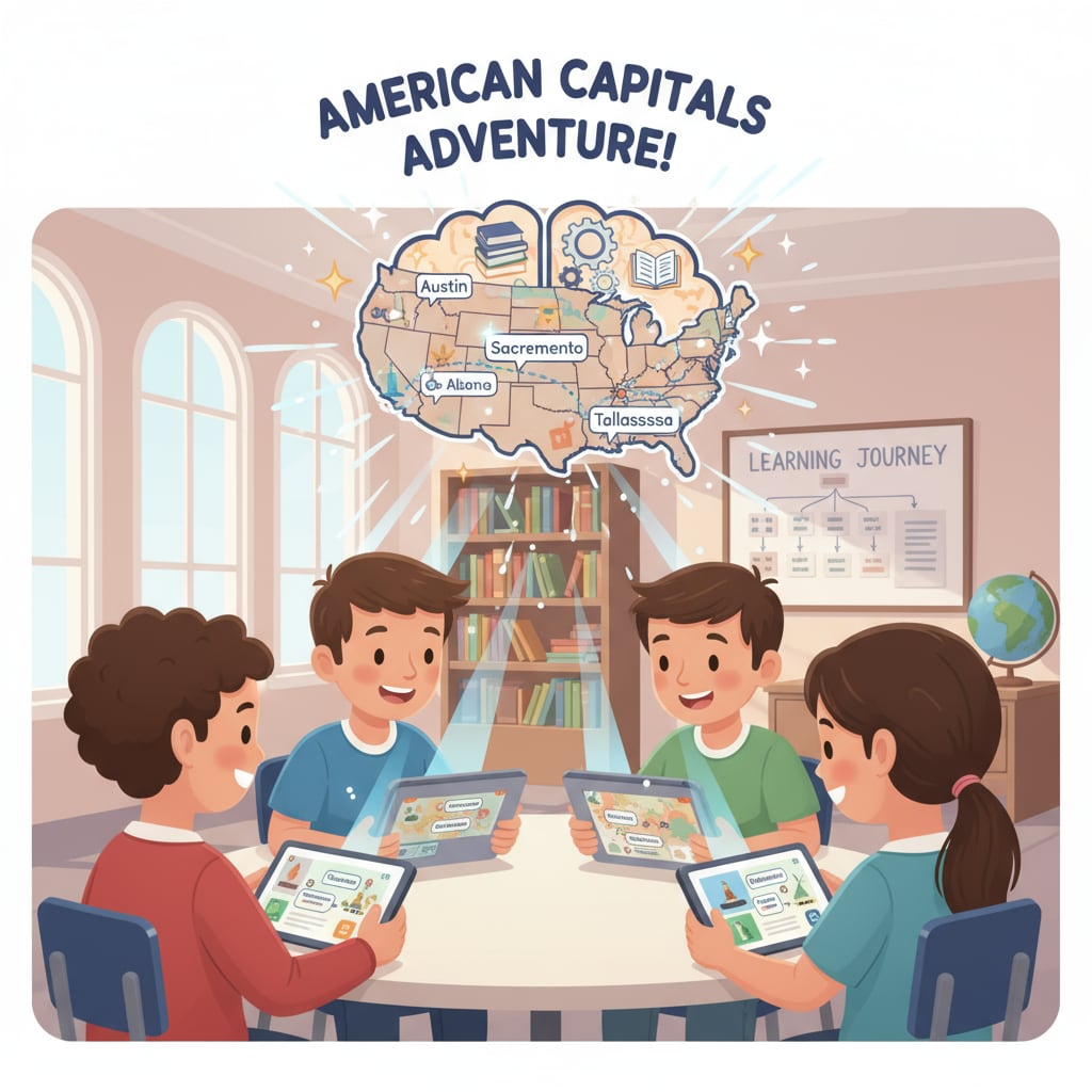 Students using American state capital learning app for geography education