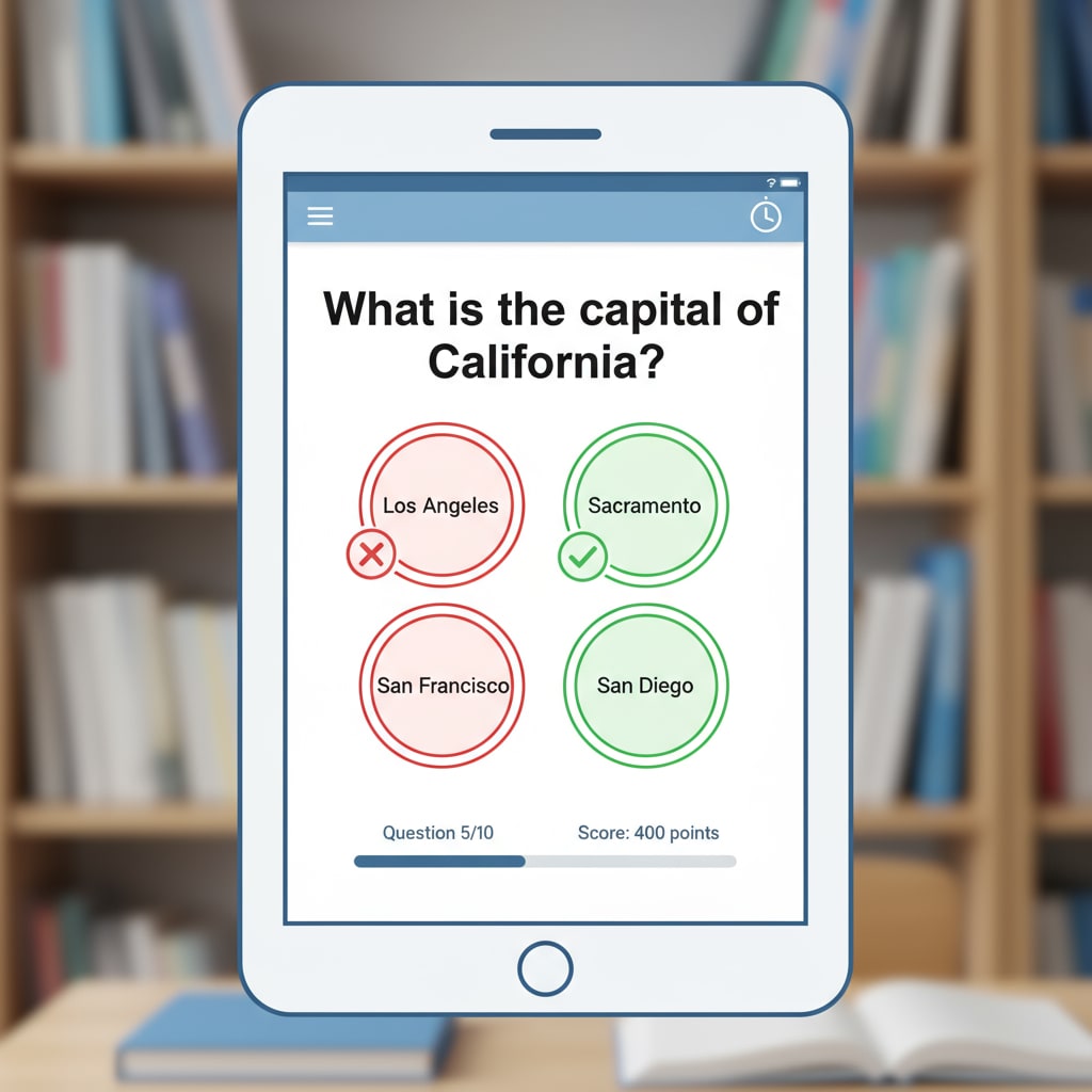 Screenshot of American state capital learning app quiz interface
