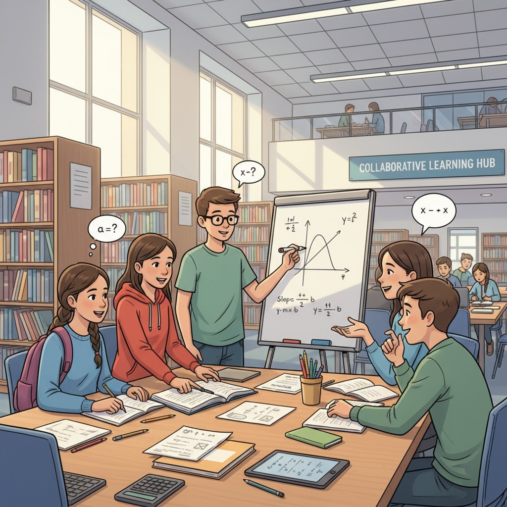 High school students studying math in a library for standardized tests