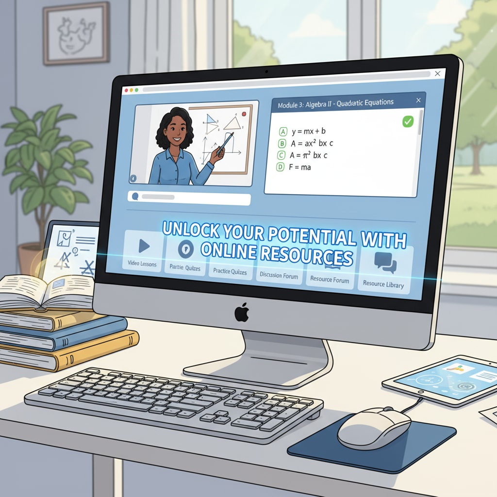 Computer screen showing an online high school math course for skill improvement
