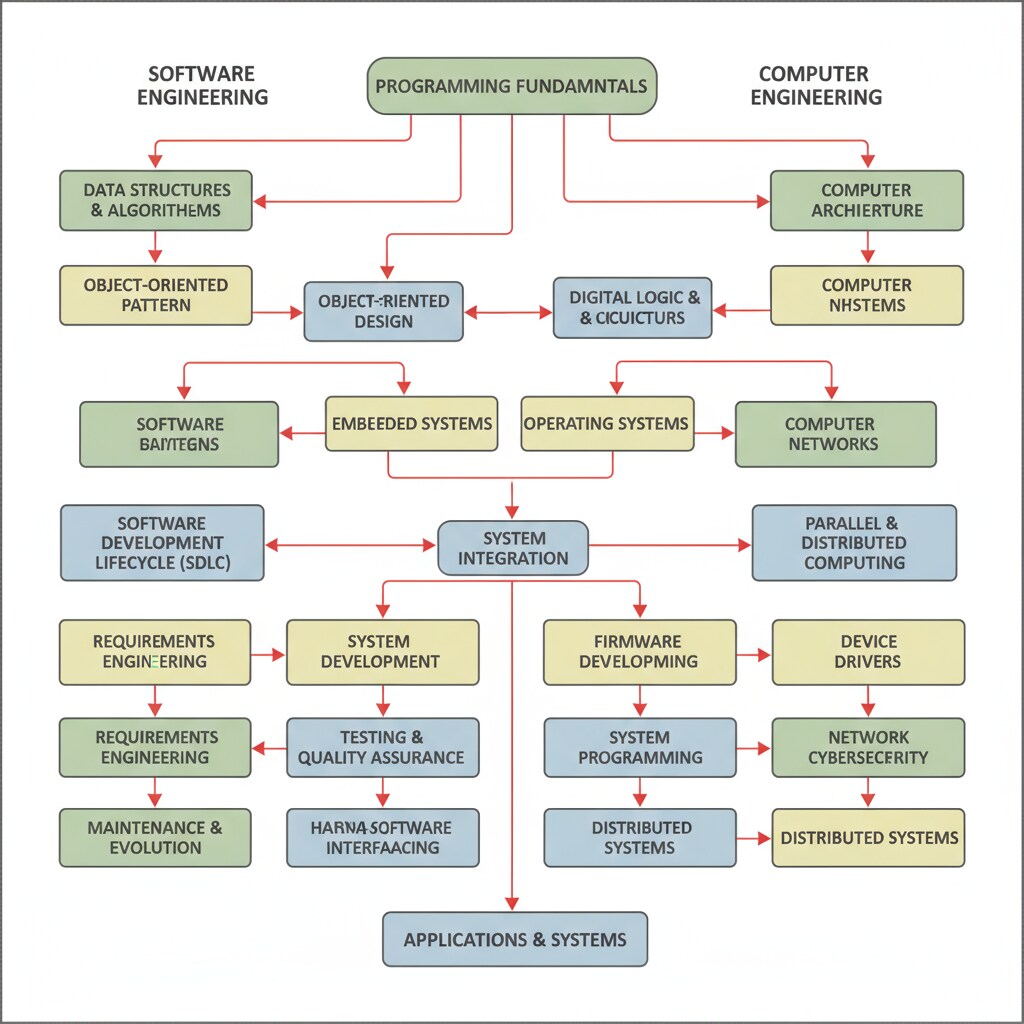 Flowchart depicting the connection between software engineering and computer engineering concepts relevant to degree conversion and career planning