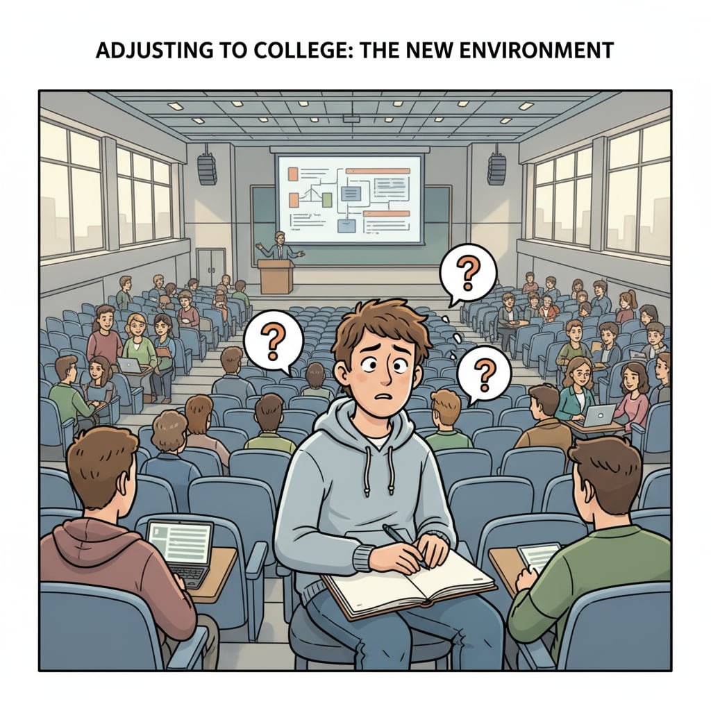 Home-schooled student facing challenges in a college lecture hall during the transition