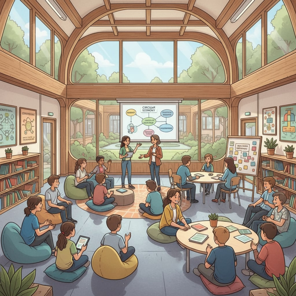 Students and teachers discussing in an unconventional school's open - space classroom, related to unconventional schools, leadership structures, and educational models