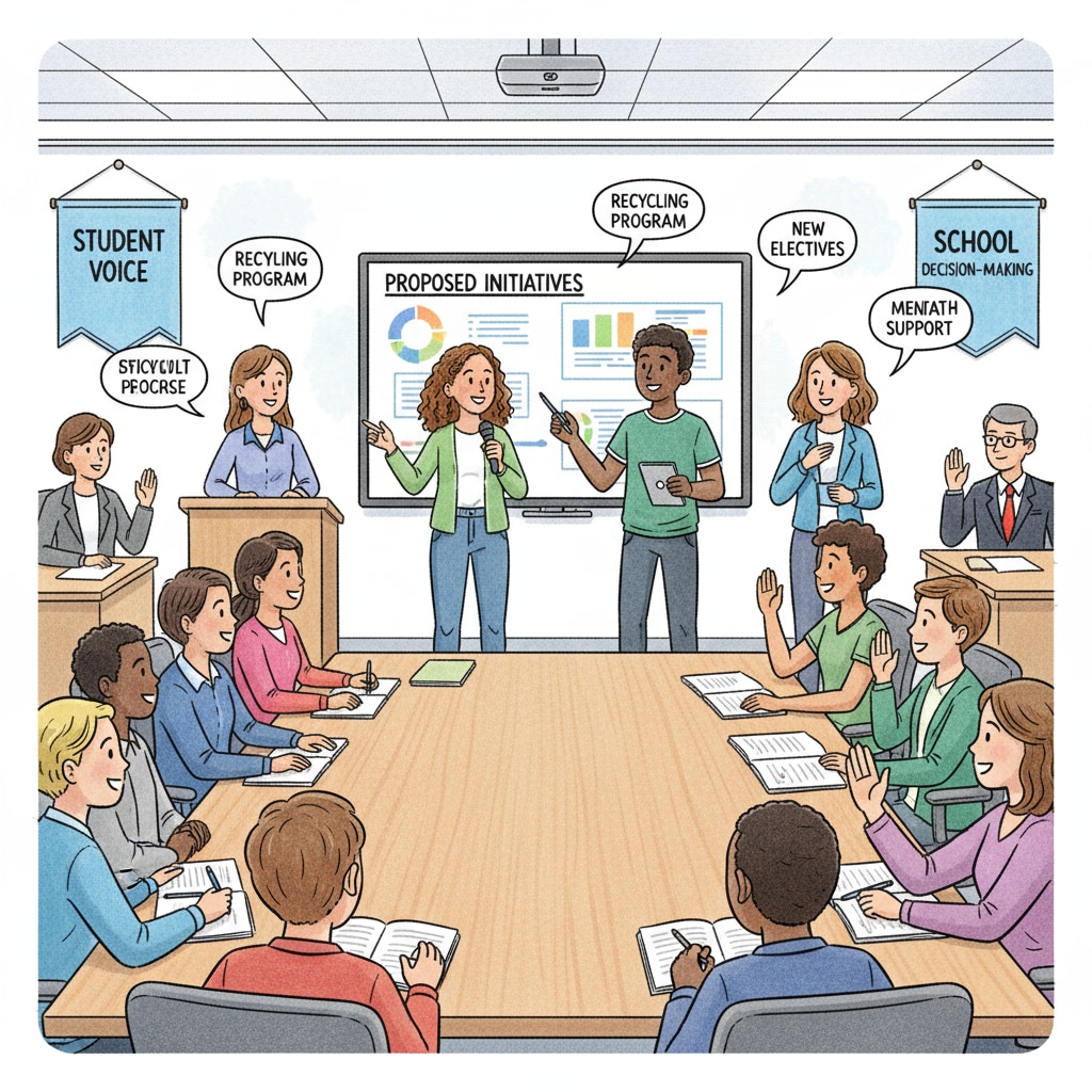 US students presenting ideas in a school council meeting, related to student - involved leadership in US schools
