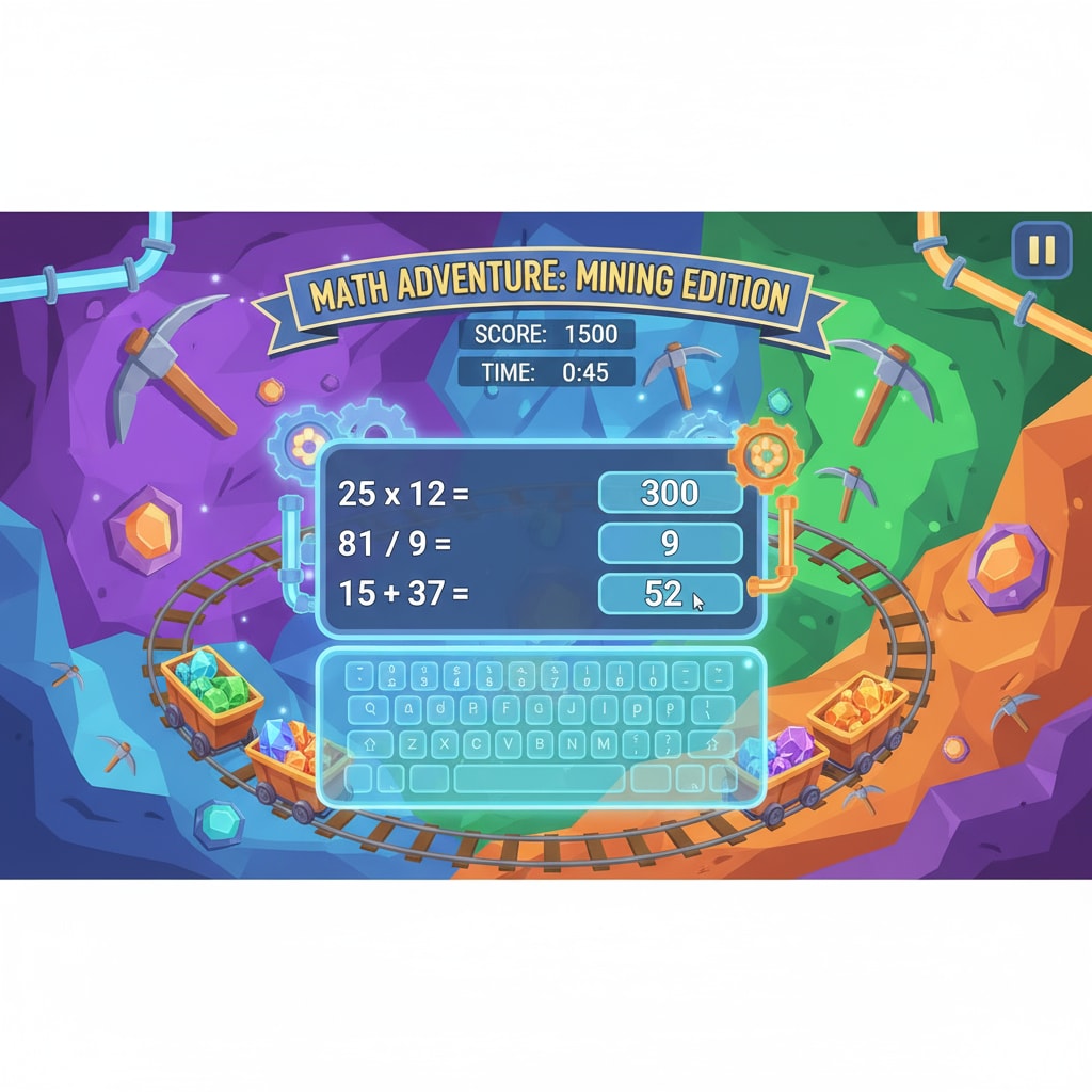 A virtual mining scene in a math education game related to math games, educational games, and game prototypes.