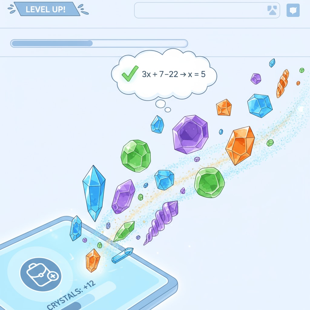 Virtual crystals being collected in a math education game, relevant to math games, educational games, and game prototypes.