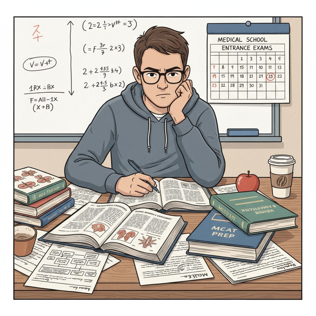 A determined student preparing for medical school entrance exams, aiming to improve learning efficiency and overcome self-doubt.