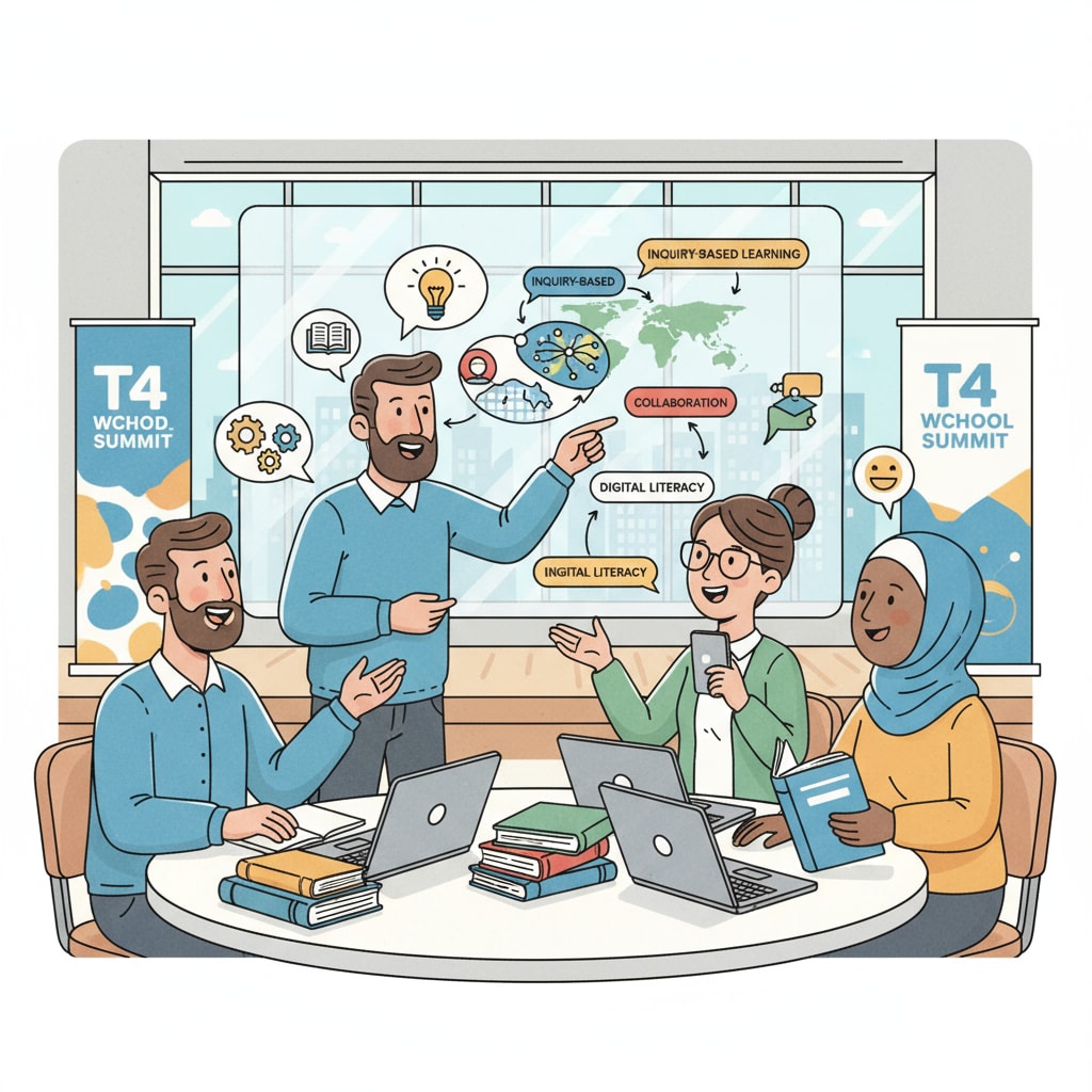 Educators discussing at the T4 World School Summit related to education summits, funding networks, and cultural etiquette
