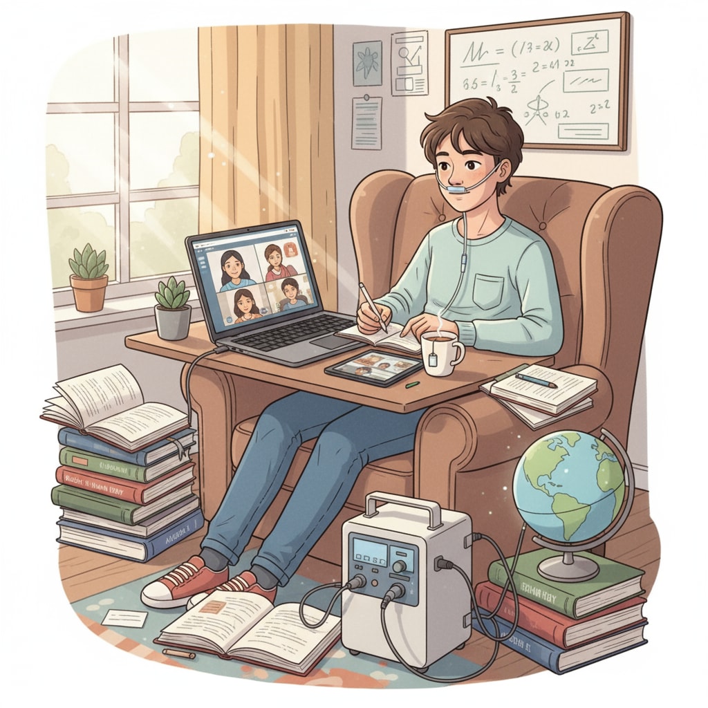 Teenager with chronic disease studying at home for high school graduation via alternative means like GED