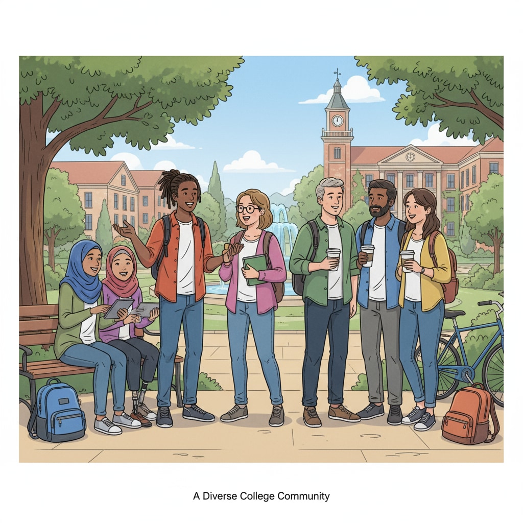 College students of various ages interacting on campus, related to late enrollment in college, university life, and age anxiety.