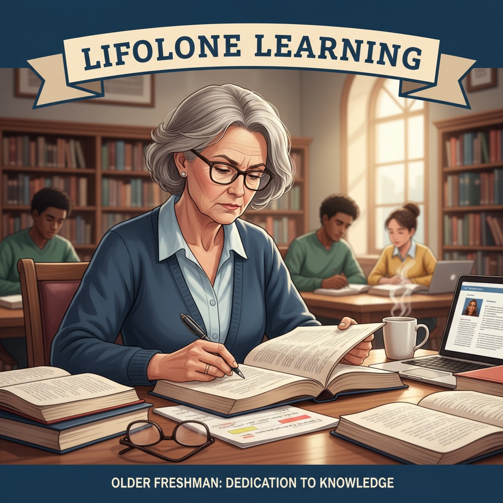 An older college student studying in the library, associated with late enrollment in college, university life, and age anxiety.