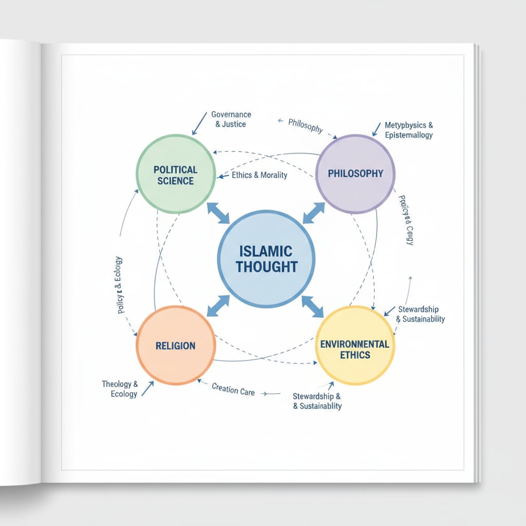 Illustration depicting the connection between political science, philosophy, religion, Islamic thought, and environmental ethics