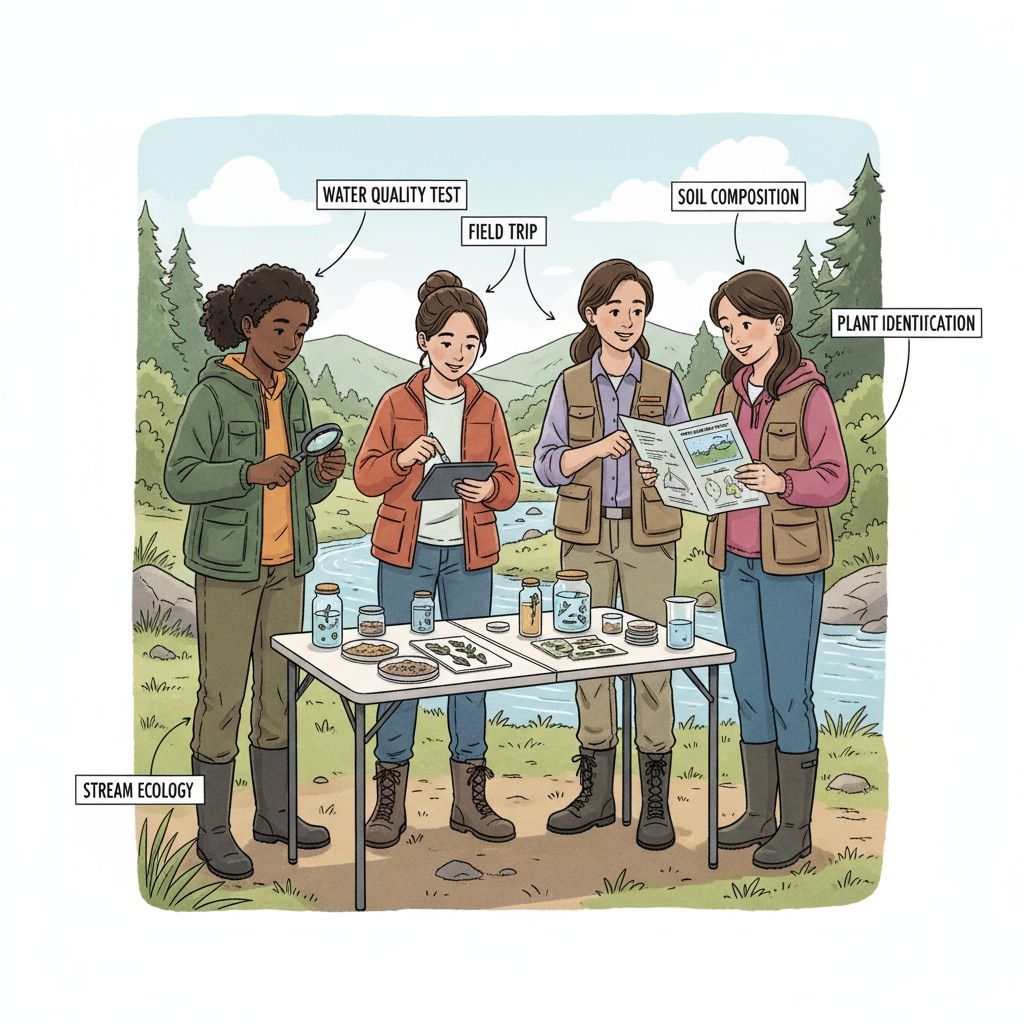 A group of students are on an environmental science field trip, examining samples, which is related to environmental science studies. A group of students on an environmental science field trip examining samples related to science degrees, marine biology, environmental science, and basic knowledge