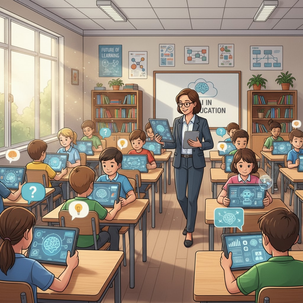 Classroom scene of students using AI tools for learning, relevant to AI education, critical thinking, and child development