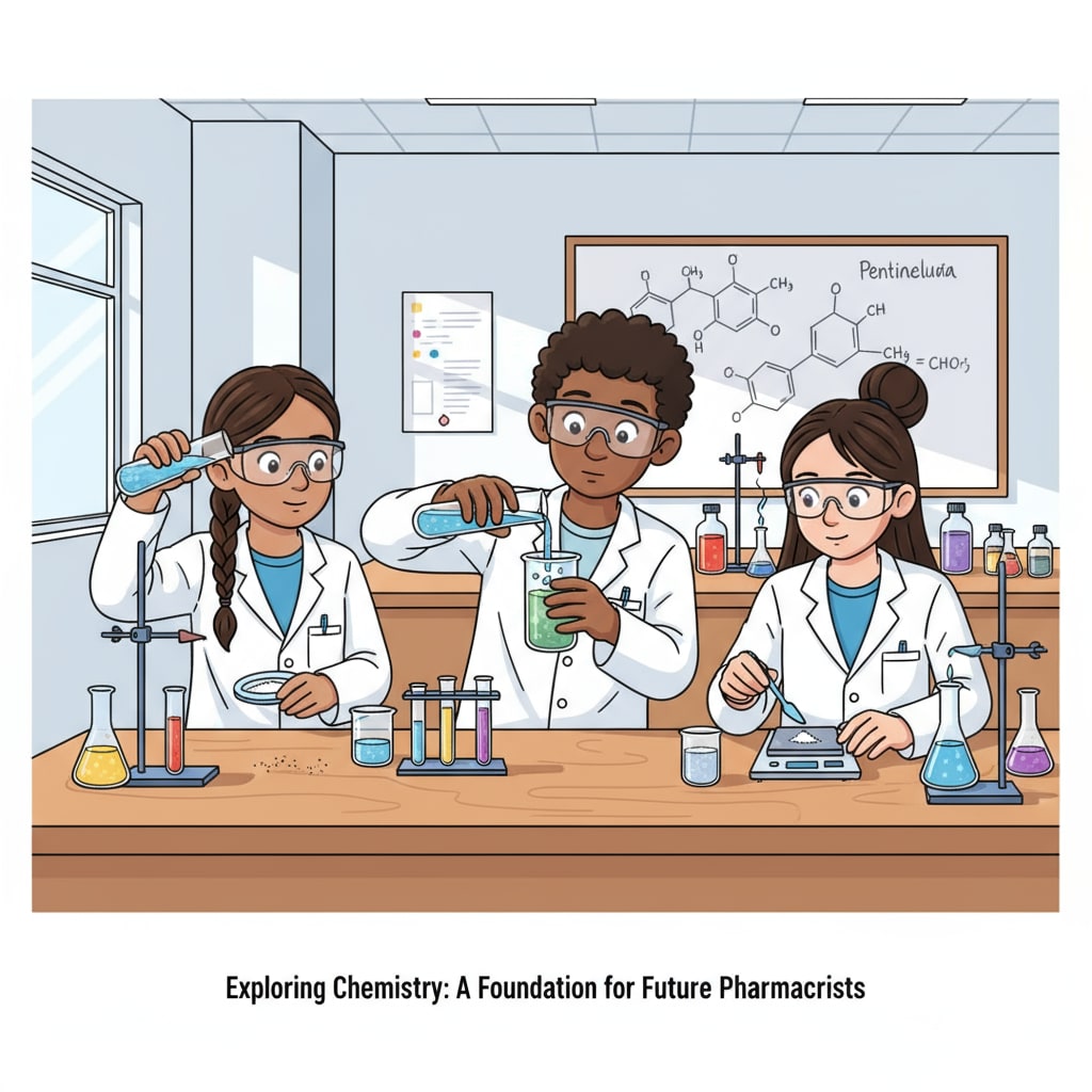 Students conducting a chemistry experiment in a UK K12 school laboratory related to pharmacy education