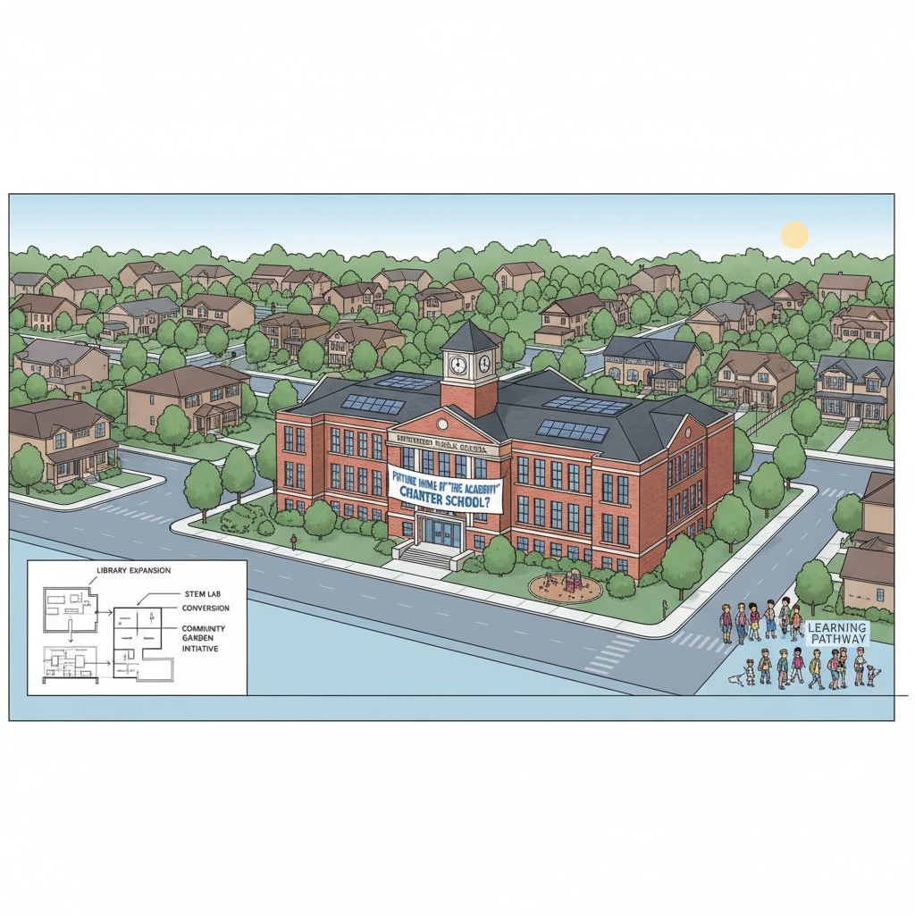 A public school building on the verge of potential conversion to a charter school, highlighting the community impact.