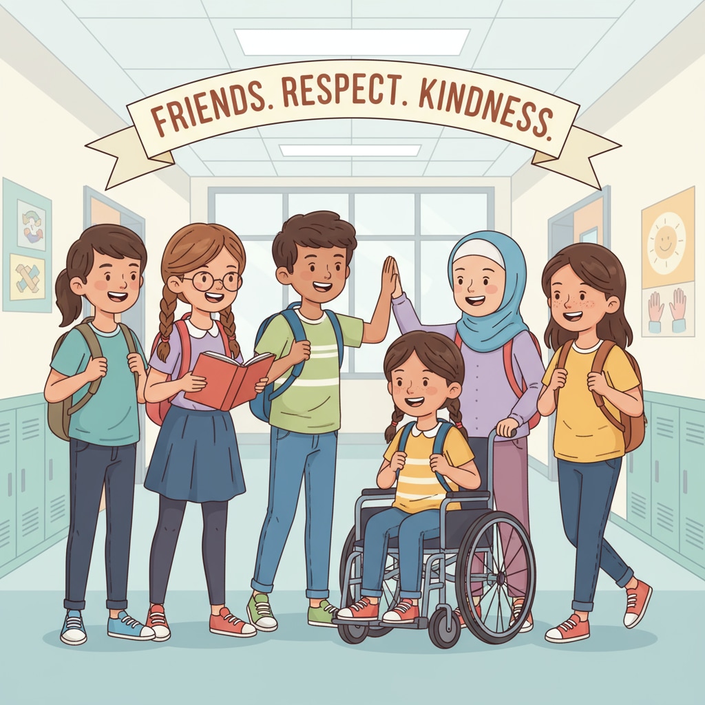 Students in a harmonious school corridor related to school safety and anti-bullying