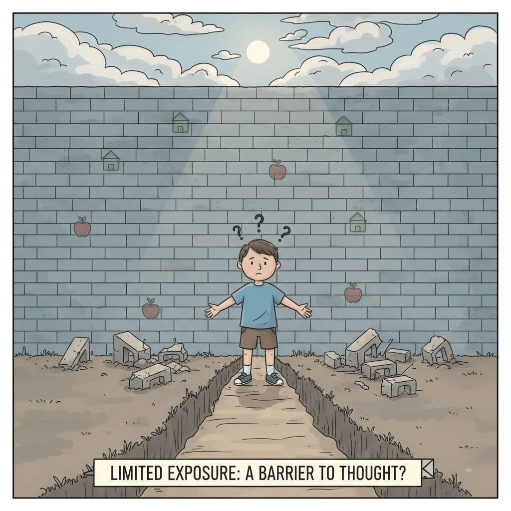 A child's puzzled expression in the face of a wall, related to family education, bias transmission, and ideological diversity