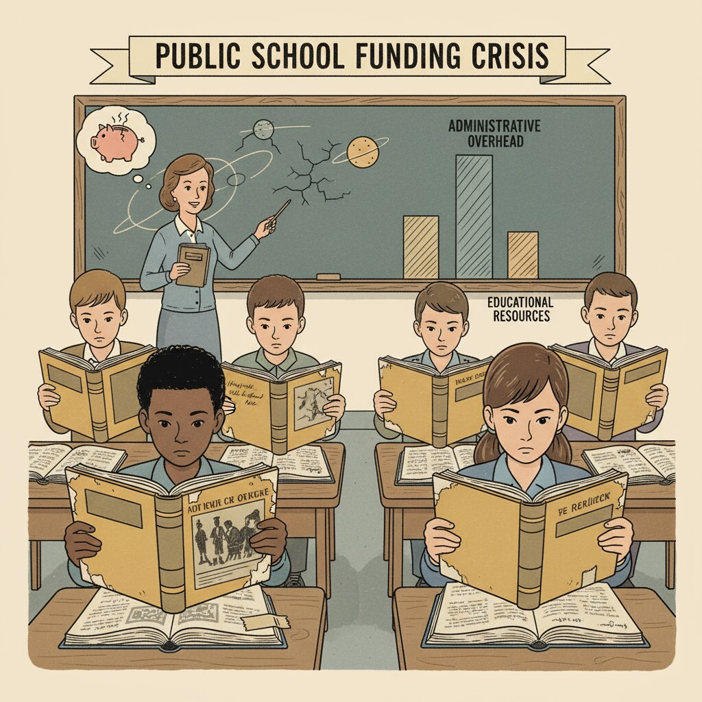 Classroom scene affected by education management's administrative expenditure, showing outdated teaching materials and its impact on student performance.