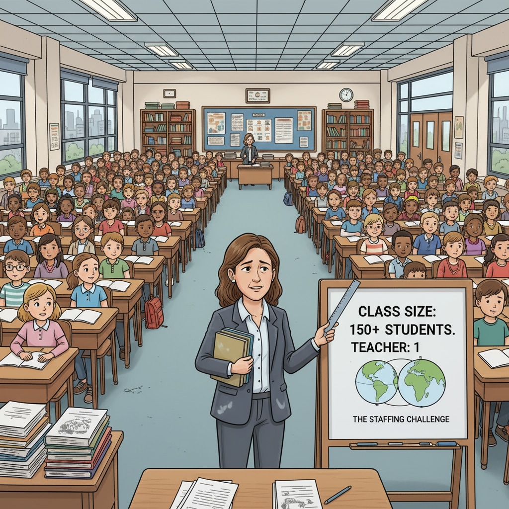 Classroom with many students and one teacher indicating teacher shortage due to income gap
