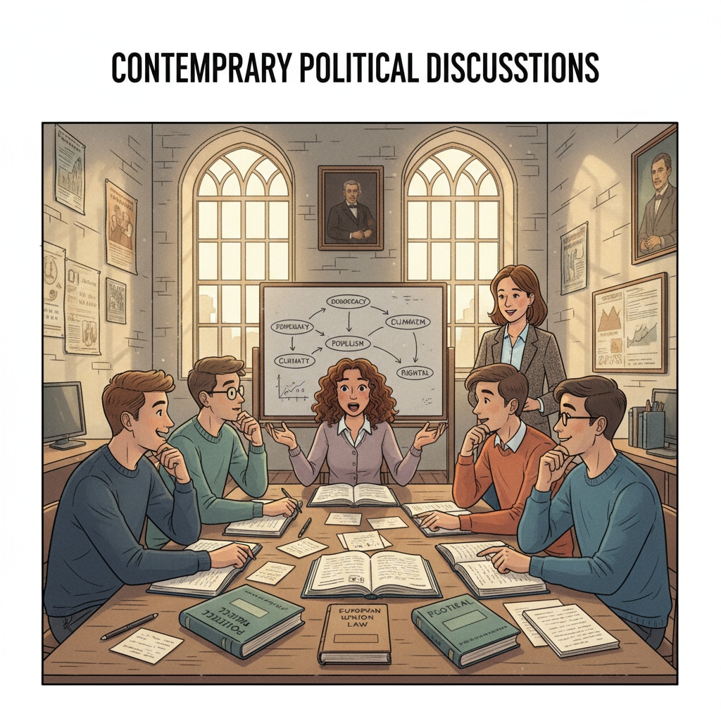 Students discussing political science in a European university classroom