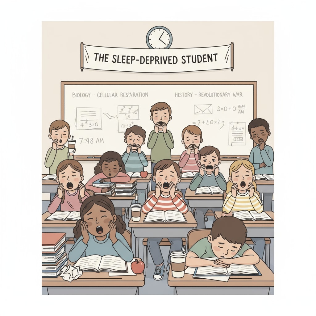 Tired K12 students showing signs of sleep deprivation and school stress affecting their mental health.