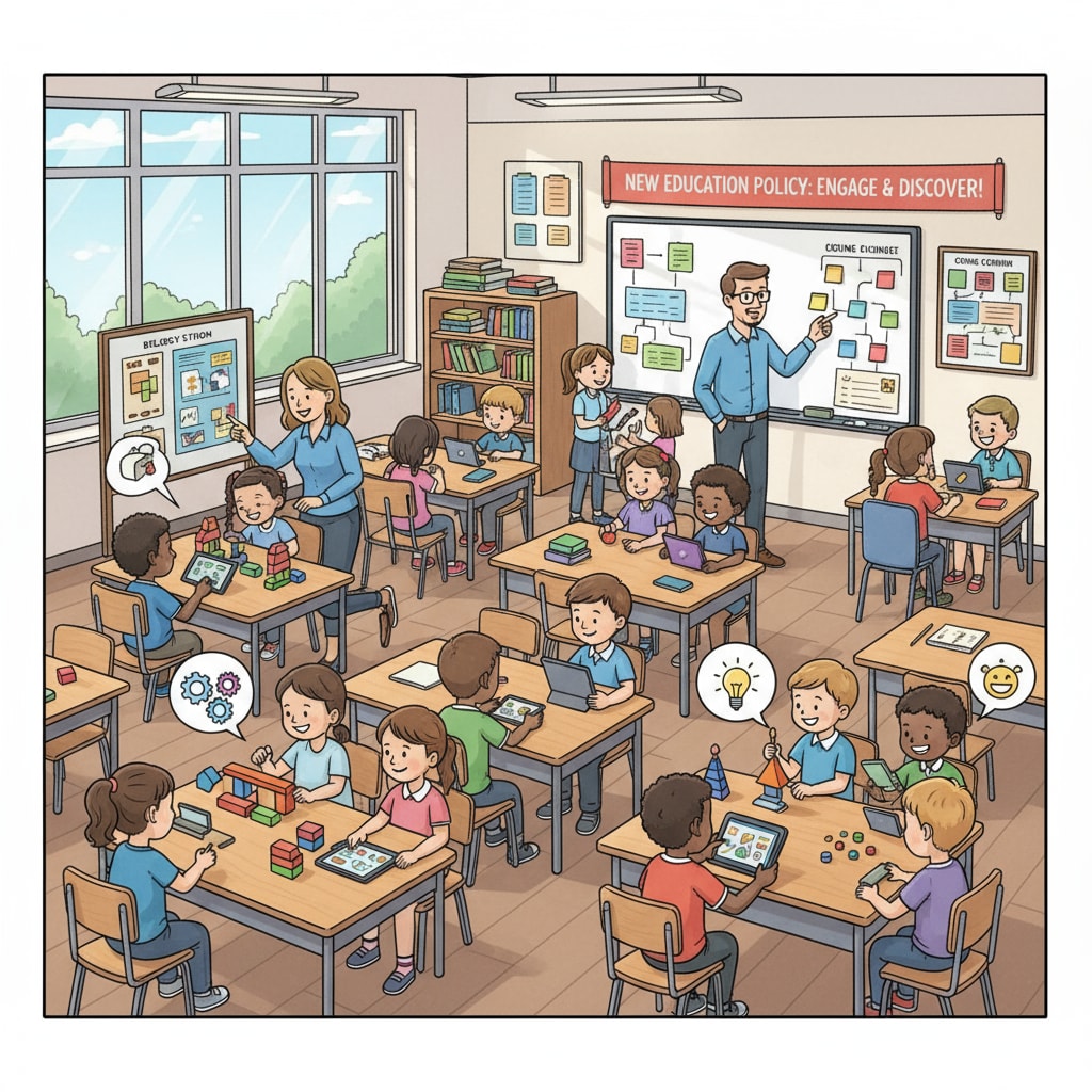 Students and teachers engaged in learning under the New Education Policy (NEP) education reform