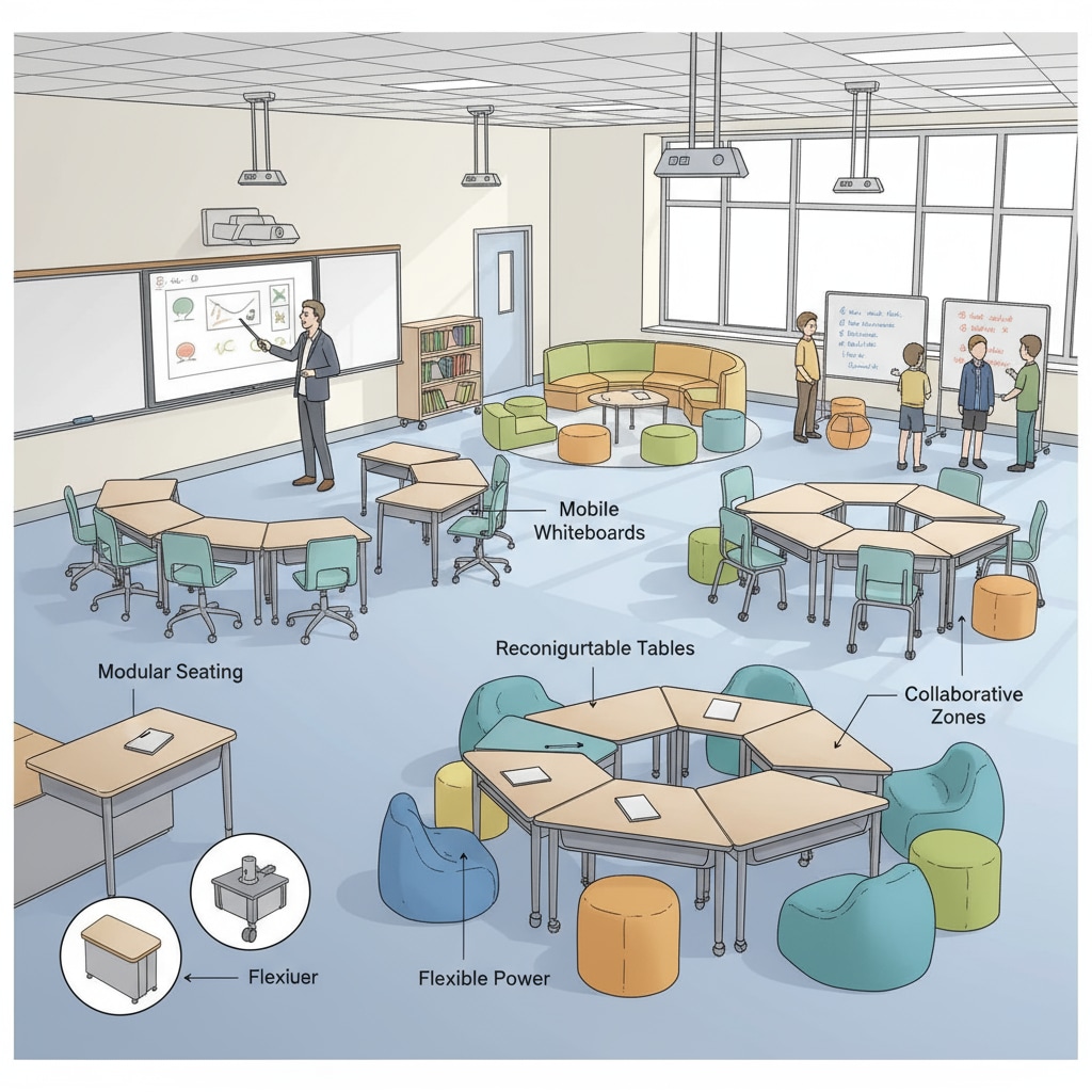A modern K-12 classroom with flexible furniture for various learning activities related to teenager interests and architectural design